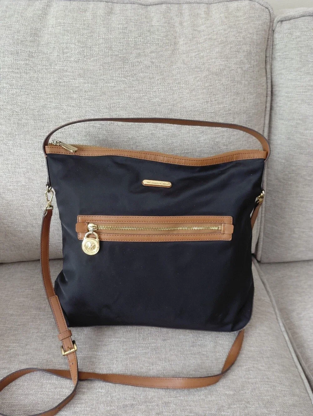 Michael Kors Kempton Nylon Satchel Bag with Brown Trim